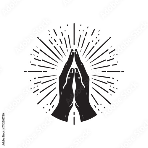 Hands in prayer with light rays vector silhouette sketch art logo illustration