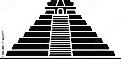 Ancient mayan pyramid structure with steep stairs and temple at the top silhouette
