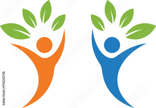 Healthy lifestyle logo with abstract people and green leaves, eco friendly design, nature care symbol, wellness growth, organic community illustration