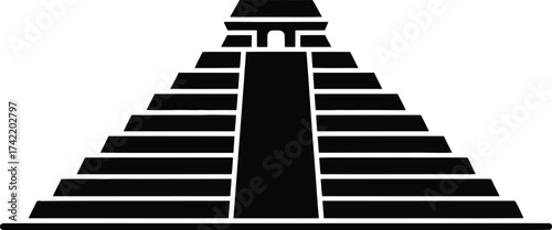 Ancient mayan pyramid structure with steep stairs and top temple silhouette