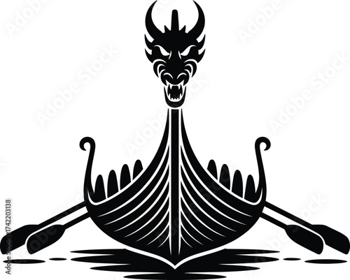 Ancient viking longship with dragon prow and oars sailing on water silhouette