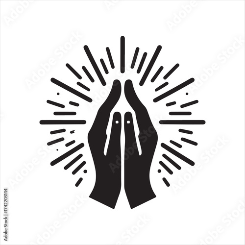 Hands in prayer with light rays vector silhouette sketch art logo illustration
