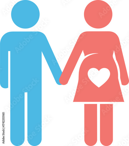 Pregnancy couple vector illustration with husband and wife, holding hands, expecting baby, love symbol heart, family planning, maternity care, parenting concept design