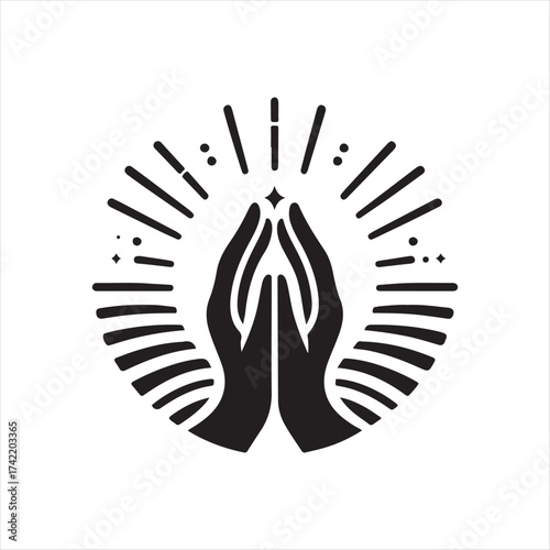 Hands in prayer with light rays vector silhouette sketch art logo illustration