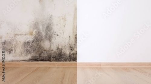 Before and After Mold Removal on Wall Corner Above Laminate Floor