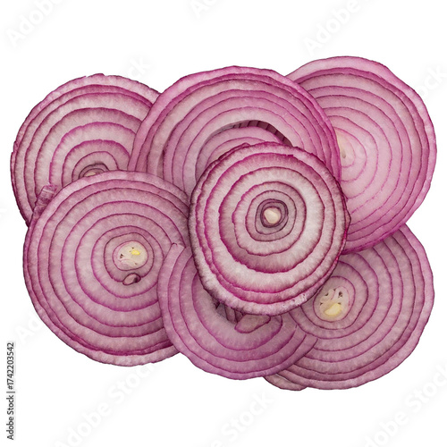 Freshly sliced red onion rings on a transparent background. 