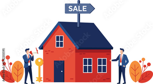 Real estate agent selling house with sale sign, property investment concept, home buying, modern real estate business illustration for marketing design