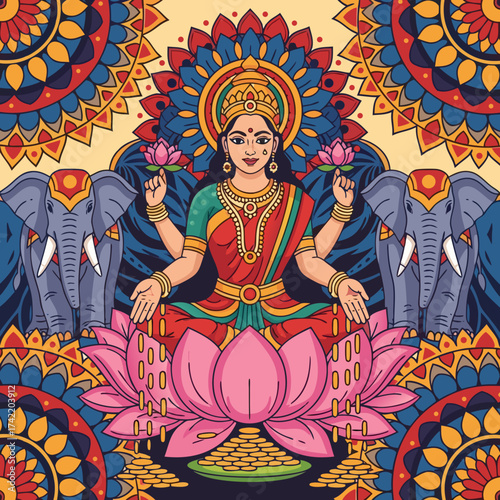 Goddess Lakshmi sitting on lotus with elephants in traditional Indian style