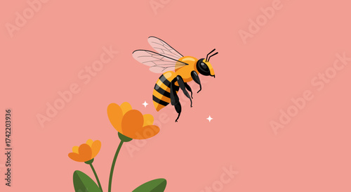 Cartoon Bee Flying Near Orange Flowers on Pink Background.