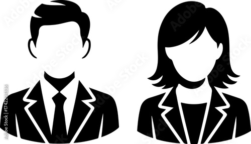 Minimalist black and white icon design of a male and female business professional silhouette vector
