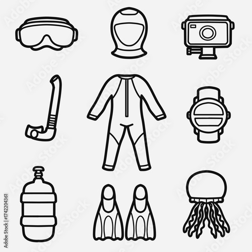set of diving with outline style good for icon, symbol, element design, coloring book, etc