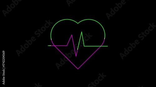 Heart beat on black background with ECG line.