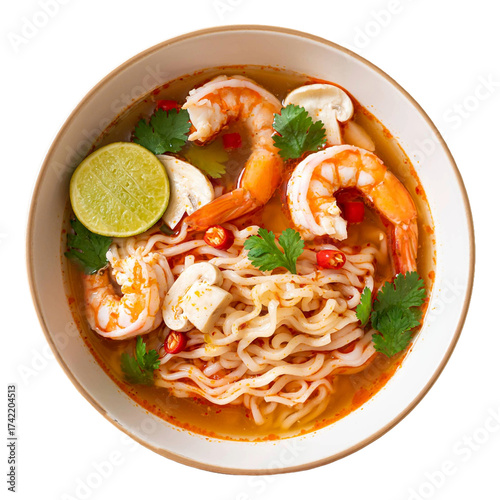 Spicy shrimp noodle soup with lime and cilantro. 