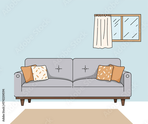Cozy living room scene featuring a modern gray sofa with decorative pillows and a window with curtains isolated on transparent background