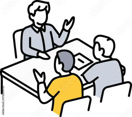 Simple line art drawing of three people sitting around a table discussing ideas vector