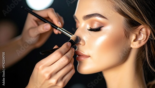 Makeup artist applying highlighter on womans face Studio beauty.