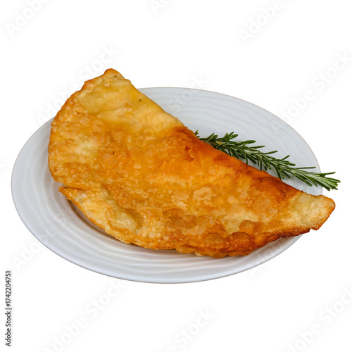 Golden fried empanada with rosemary garnish on white plate. 