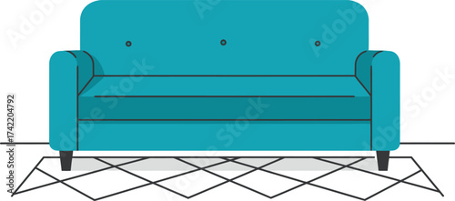 Modern teal sofa on geometric rug comfortable living room furniture isolated on transparent background