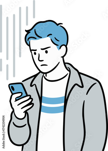 Man with worried expression looking at smartphone receiving signal lines data connection internet vector
