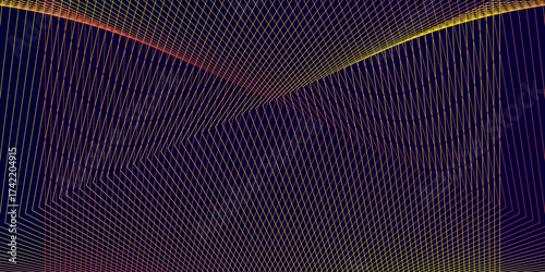Geometric lines create a yellow-orange wave over a dark background