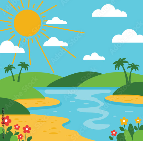 Sunny summer landscape with river palm trees and blooming flowers isolated on transparent background