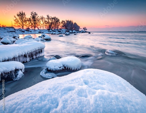 Winter sunrise paints the landscape with vivid colors