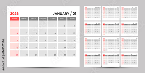 2026 Calendar. 12 Pages for 2026 Monthly Calendar Template and one page wall calendar template. Clean and Simple Design ready to print. 2026 Wall and office desk Planner Calendar.