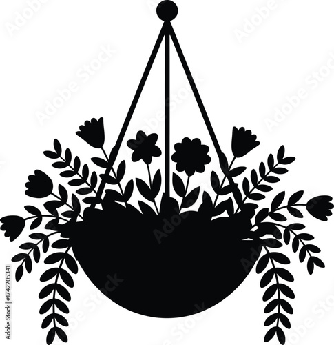 Black silhouette of a hanging basket overflowing with blooming flowers and trailing leaves