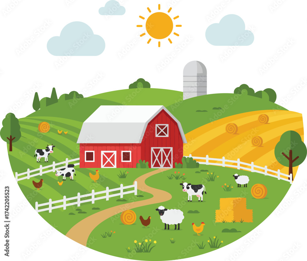 Naklejka premium Charming rural farm scene with red barn animals and green fields on a sunny day isolated on transparent background