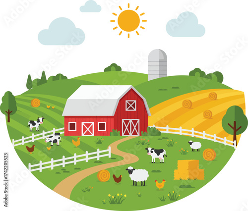 Charming rural farm scene with red barn animals and green fields on a sunny day isolated on transparent background