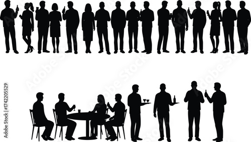 Silhouette of people standing, sitting, drinking and socializing at party or event with men, women, friends and waiters serving beverages