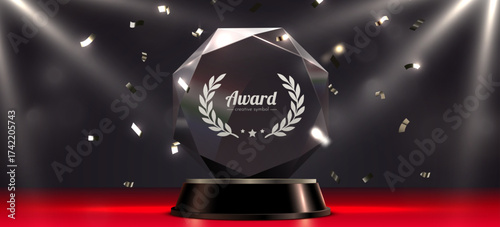 Award round podium with glass trophy with laurel wreath on dark background. Symbol of victory, achievement, success, rewarding of winner.