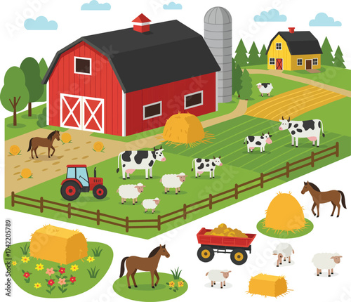 Charming flat farm scene with red barn tractor animals and hay bales ideal for children isolated on transparent background