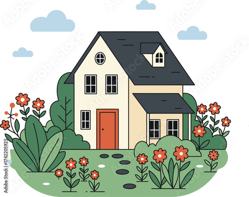 Charming suburban house with vibrant flower garden and cloudy sky scene isolated on transparent background