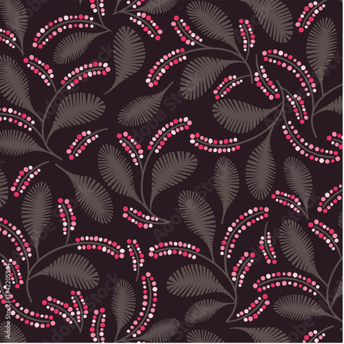 Jungle Pattern on Dark Background with Exotic Leaves and Pink Accents