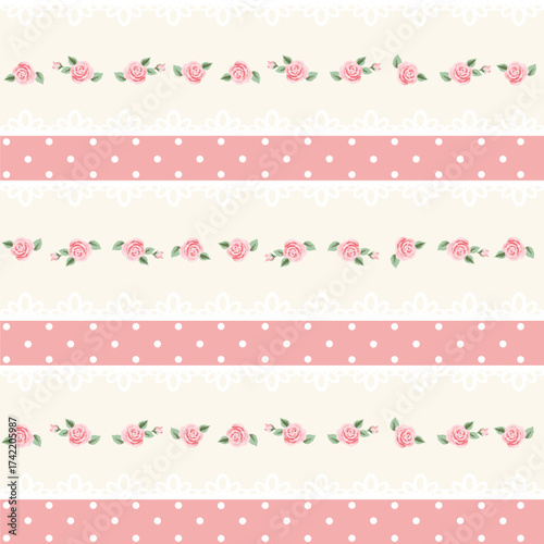 Vintage Floral Lace Pattern with Roses and Polka Dots on Cream Background