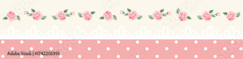 Floral Lace Vintage Border with Roses and Polka Dots on Pastel Background