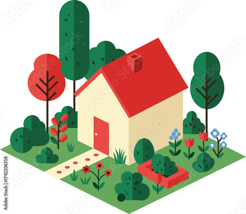 Charming isometric house surrounded by lush greenery and blooming flowers isolated on transparent background
