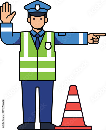 Traffic police officer illustration with safety vest, hand signal and direction control, road safety enforcement, cartoon design, transportation law concept with cone