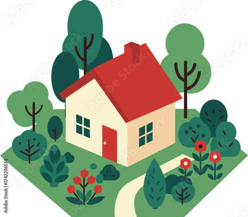 Charming isometric house surrounded by lush green garden and blooming flowers perfect for real estate isolated on transparent background