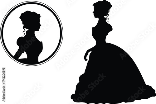 Silhouette of woman in gown and cameo on white background art editable stock