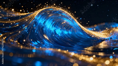 A mesmerizing digital artwork of a glowing blue and gold wave, with sparkling particles and a reflective surface beneath.