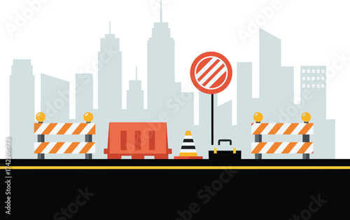Urban road construction with traffic barriers, safety cones, prohibition sign, barricades and toolbox for street repair, road closure and city infrastructure maintenance illustration