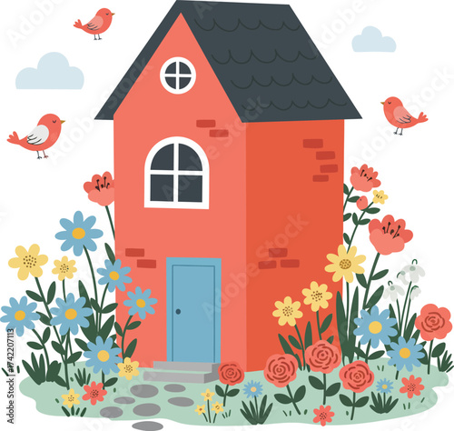 Charming cartoon cottage surrounded by vibrant flowers and flying birds a whimsical spring scene isolated on transparent background