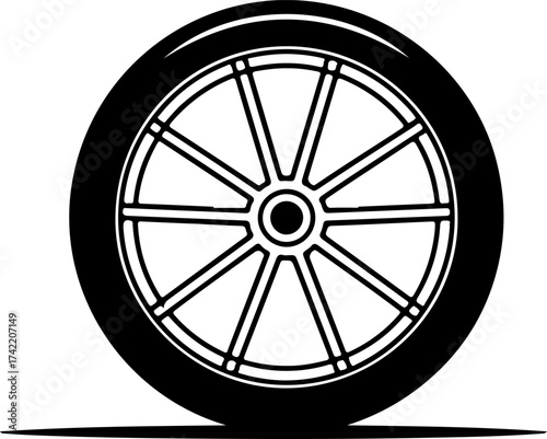Classic wagon wheel silhouette with spokes and rim transportation symbol vector