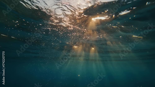 Sunlit Ocean Depths with Bubbles and Golden Rays Streaming Through Tranquil Blue Waters