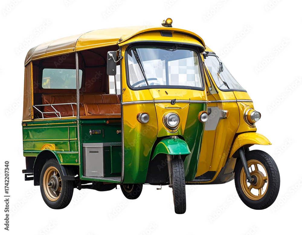 Obraz premium Modern Auto Rickshaw in Vibrant Yellow and Green, Street Perspective, Transparent PNG