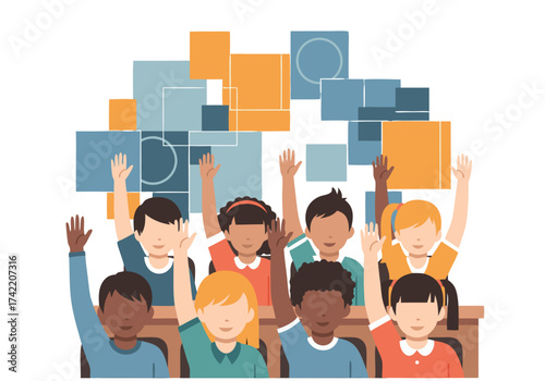 Vector Illustration of Children Raising Hands in Classroom — Education and Learning Concept Showing Active Participation and Curiosity