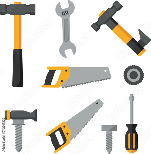 Assortment of hand tools for repair and construction including hammers wrenches saws and screwdrivers isolated on transparent background