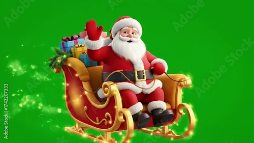 Animated Santa Claus character sitting in a festive sleigh with gifts, waving a hand on a chroma key green screen background.
